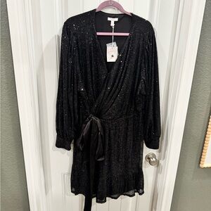 LC Lauren Conrad Black Sequin Wrap Dress 2X NWT Long Sleeve Party Cocktail